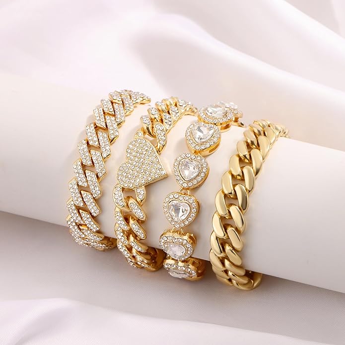 4PCS Gold Bracelets for Women Silver Clustered Tennis Bracelet for Women Heart Round Diamond Cuban Bracelet Layered Link Bracelet Set Fashion Jewelry for Women Set