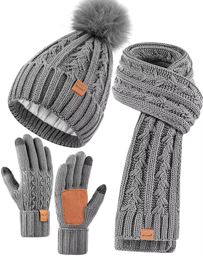Womens Beanie Hat Scarf Gloves Set, Fleece Lined Winter Hat with Pom Pom, Long Knit Scarf Touchscreen Gloves for Cold Weather