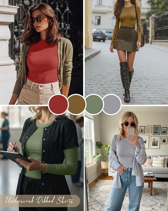 Neer 4 Pack Women's Ribbed Long Sleeve Shirts, Cotton Crew Neck Slim Fit Tops Stretch Knit Casual Base Layer Basic Tee Shirts