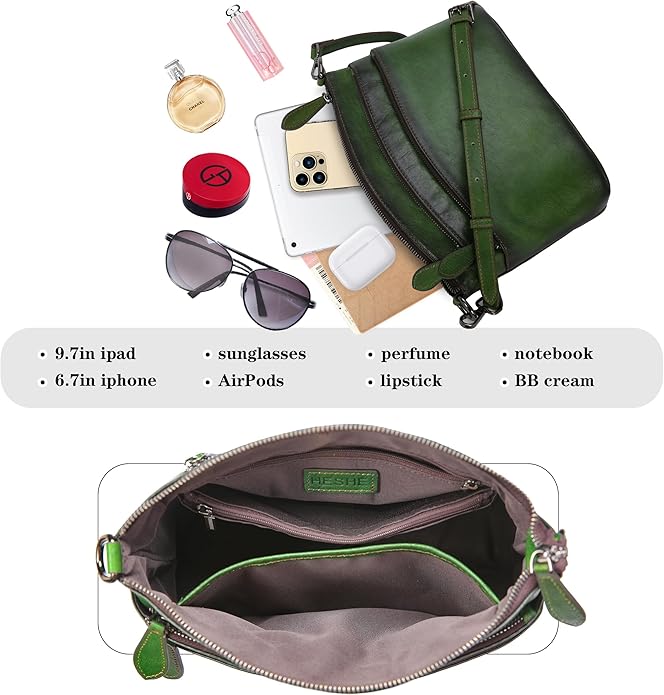 HESHE Crossbody Bags for Women Genuine Leather Purses with Multi-Pockets Vintage Ladies Small Shoulder Satchel Bag