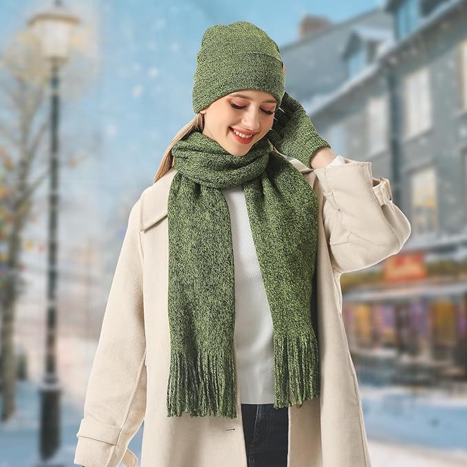 Winter Warm Beanie Hat Touchscreen Gloves Long Scarf Set for Women with Headband, Knit Cap Scarves with Tassel for Women