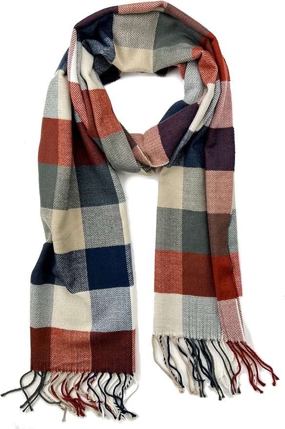 Plum Feathers Plaid Check and Solid Cashmere Feel Winter Scarf, Warm Scarfs, Cold Weather Accessories, Fringe Scarves