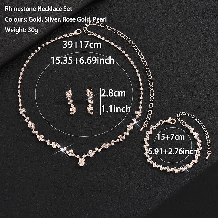Wedding Jewelry Sets for Brides Silver Rhinestone Necklaces Earring Bracelet Set Wedding Sets for Women Prom Jewelry Sets for Women