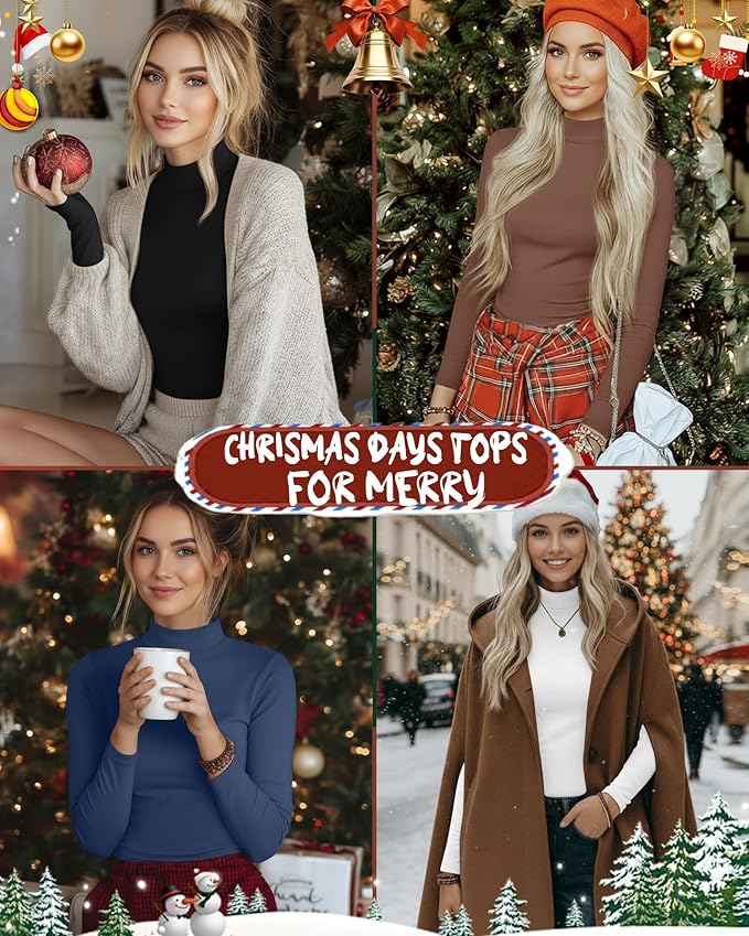 Ficerd 3 Pack Women's Mock Turtleneck Shirts, Long Sleeve Mock Neck Pullover Tops Slim Fitted Stretch Undershirt Tee Blouse