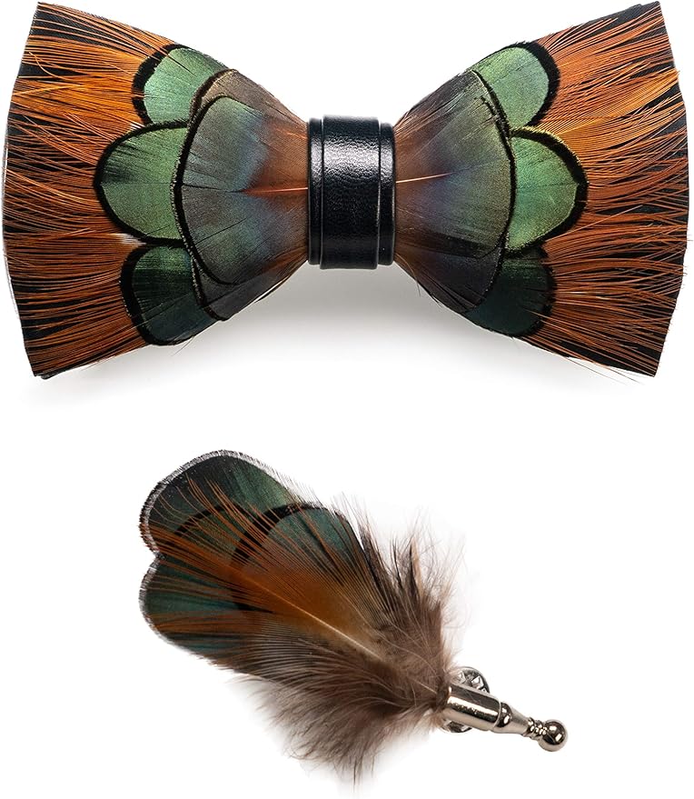 RBOCOTT Handmade Feather Pre-tied Bow tie and Brooch Sets for Men