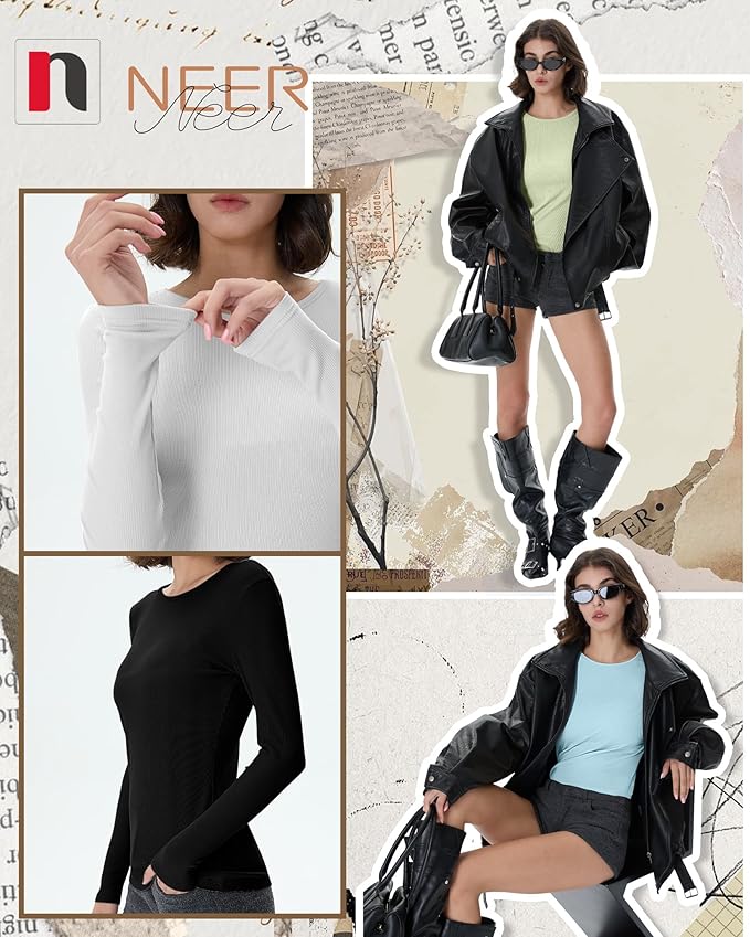 Neer 4 Pack Women's Ribbed Long Sleeve Shirts, Cotton Crew Neck Slim Fit Tops Stretch Knit Casual Base Layer Basic Tee Shirts