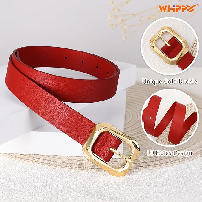 WHIPPY Women's Leather Belts with Gold Buckle Casual Fashion Ladies Waist Belts for Jeans Pants Dresses