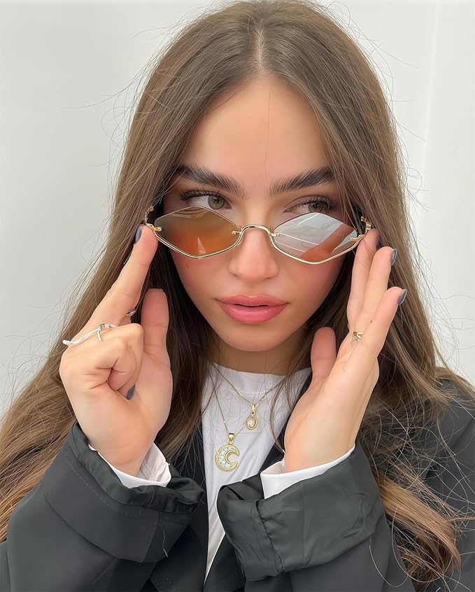 Retro Y2k Sunglasses for Women Men,Trendy Semi-Rimless Sun Glasses Irregular Narrow Gold Sunnies UV400