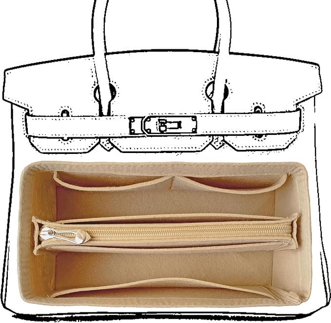 Purse Organizer Insert For Birkin 35 Bag, Felt Insert Organizer With Zipper, Large Capacity,Women’s Handbags Shaper (35,Beige)