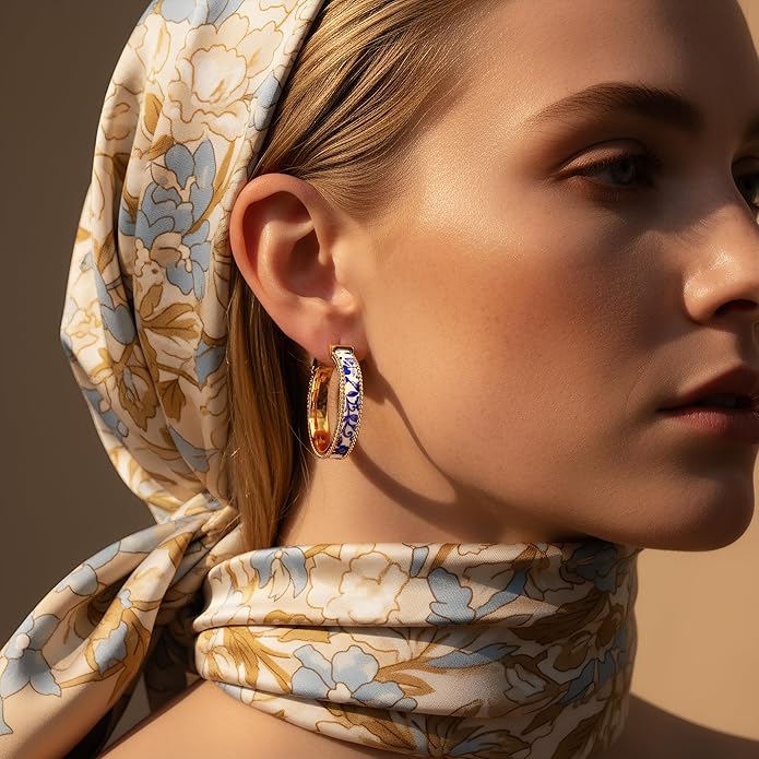 Chunky Blue and White Porcelain Hoop Earrings for Women – Hand-Painted Statement Earrings with 18K Gold, Artistic Vintage Jewelry, Luxury Gift (Cerulean)