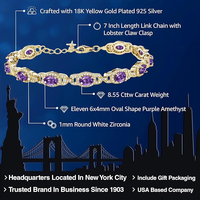 Gem Stone King 18K Yellow Gold Plated Silver Oval Gemstone Birthstone Tennis Bracelet For Women | Oval 6X4MM | 7 Inch With 1 Inch Extender | Fine Jewelry Gifts for Her Mom Women Wife