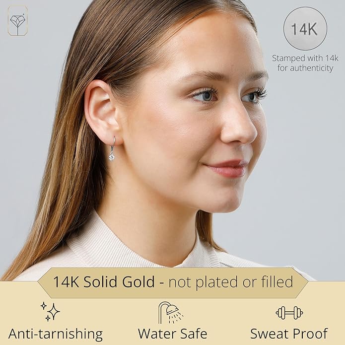 14k Gold Leverback Cubic Zirconia Dangle Earrings | Solid Real White or Yellow Gold Dangle Earrings for Women | 1-8 CT.TW 14k Gold Earrings for Women | CZ Cubic Zirconia Drop Earrings by MAX + STONE