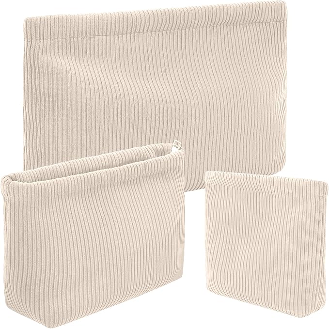 Sanwuta 3 Pack Corduroy Makeup Bag Set Cosmetic Toiletry Travel Pouch Organizer Velvet Makeup Bag for Women Large Pouch Zipper Purse Make up Organizer, Women Girls Gift(Beige)