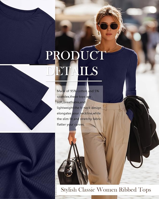 Neer 4 Pack Women's Ribbed Long Sleeve Shirts, Cotton Crew Neck Slim Fit Tops Stretch Knit Casual Base Layer Basic Tee Shirts