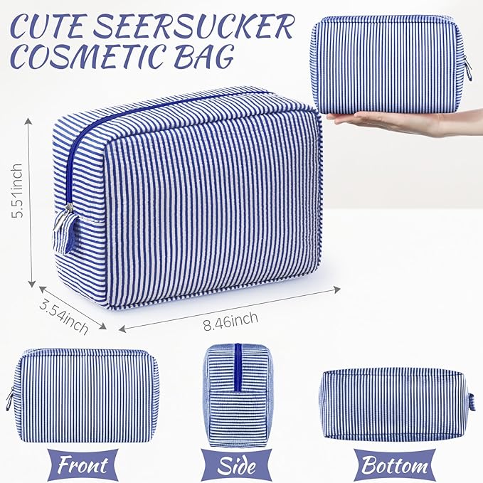 Sanwuta 3 Pcs Seersucker Makeup Bags Seersucker Cosmetic Bags Striped Women Large Travel Toiletry Organizer Preppy Storage Pouch for Embroidery Wedding Bridesmaid Gifts(Navy Blue)