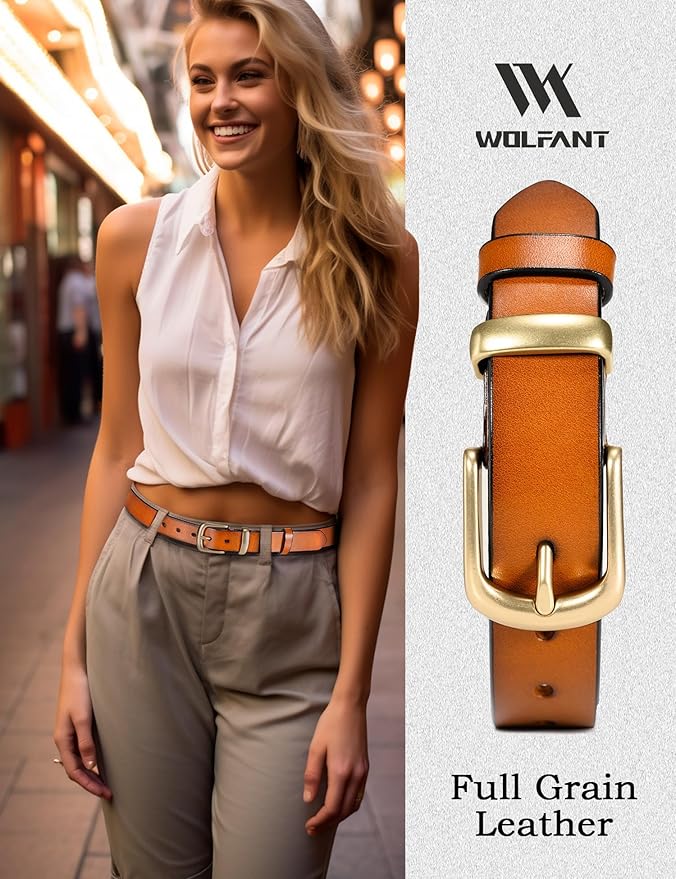 WOLFANT Womens Belts for Jeans in Gift Box,1.1" Ladies Belt with Gold Buckle,100% Italian Full Grain Real Solid Leather