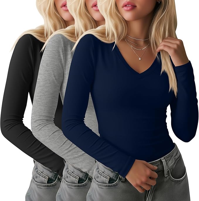 Ficerd 3 Pack Women's Long Sleeve Shirts, V Neck Basic Tees Slim Fitted Casual Fall Tops Going Out Blouses T Shirts