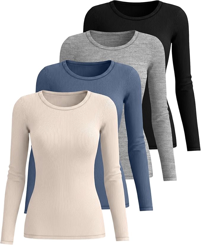 Neer 4 Pack Women's Ribbed Long Sleeve Shirts, Cotton Crew Neck Slim Fit Tops Stretch Knit Casual Base Layer Basic Tee Shirts