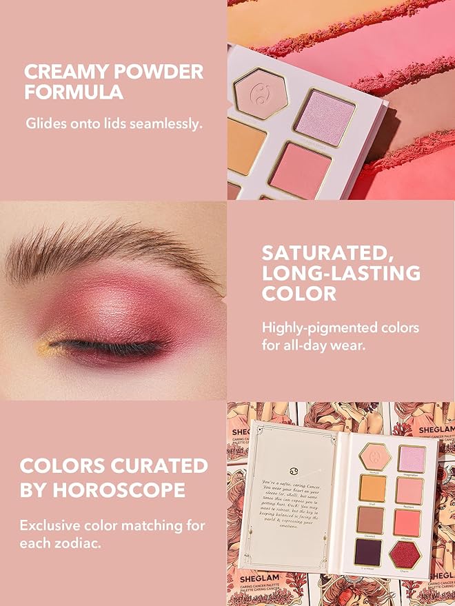 SHEGLAM Glitter Metallic Eyeshadow Palette 8-Color High Pigment Pink Dark Purple Long Wearing Horoscope Collection Eye Shadow Palette - Caring Cancer