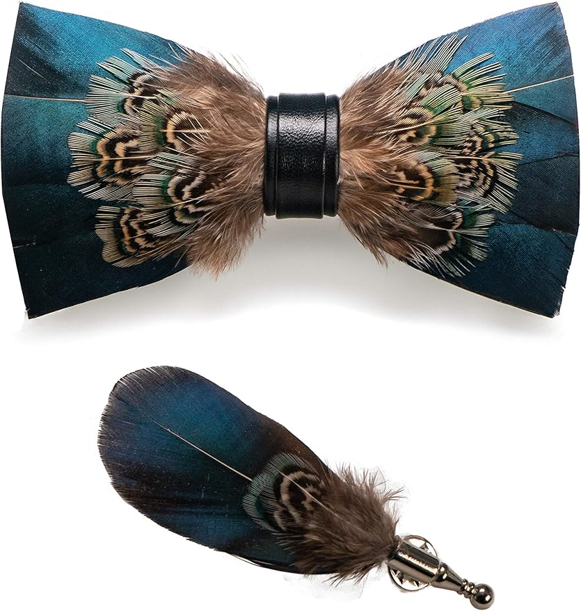 RBOCOTT Handmade Feather Pre-tied Bow tie and Brooch Sets for Men