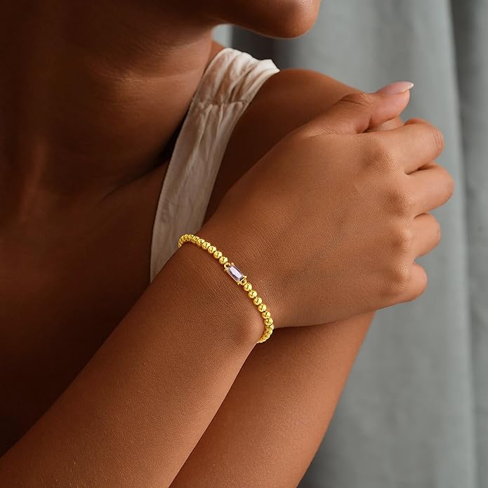 Yoosteel Dainty Birthstone Bracelet for Women - Elastic 14K-Gold-Plated Bead Bracelets Trendy Friendship Birthday Jewelry Gifts for Women