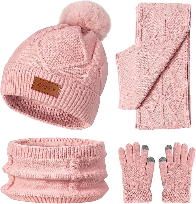 4 Pieces Winter Hat Scarf Glove Set for Women,Fleece Lined Beanie with Pom Pom,Touchscreen Gloves Knit Scarf for Cold Weather