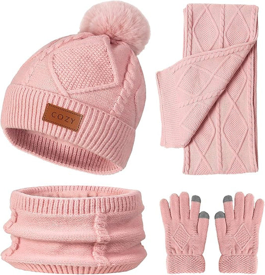 4 Pieces Winter Hat Scarf Glove Set for Women,Fleece Lined Beanie with Pom Pom,Touchscreen Gloves Knit Scarf for Cold Weather