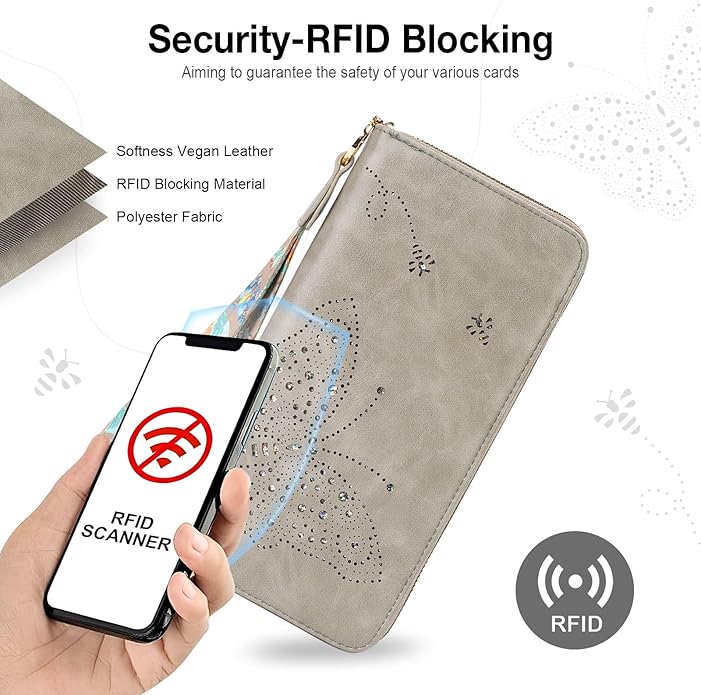 RFID Wallet Women, Large Capacity Butterfly Cell Phone Clutch Purses Ladies Wristlet Wallets for Women