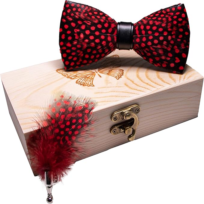 RBOCOTT Handmade Feather Pre-tied Bow tie and Brooch Sets for Men