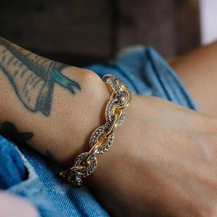 Mytys Link Bracelet for Women Gold and Silver 2 tone Circles Chain Wire Bangle Bracelets
