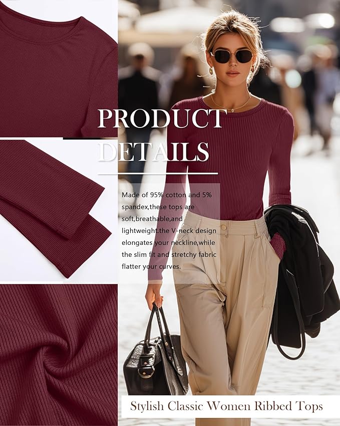 Neer 4 Pack Women's Ribbed Long Sleeve Shirts, Cotton Crew Neck Slim Fit Tops Stretch Knit Casual Base Layer Basic Tee Shirts