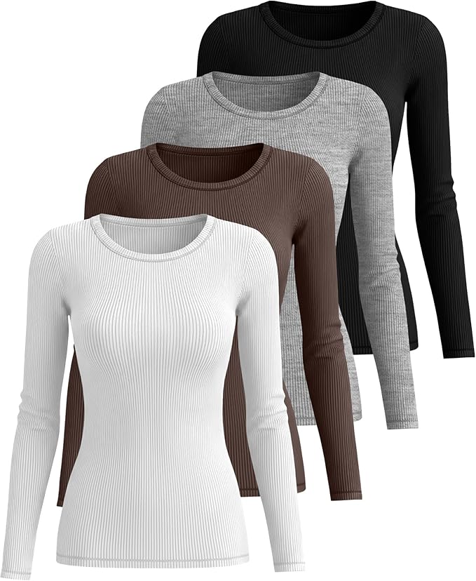 Neer 4 Pack Women's Ribbed Long Sleeve Shirts, Cotton Crew Neck Slim Fit Tops Stretch Knit Casual Base Layer Basic Tee Shirts