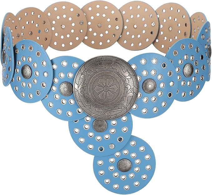 LEACOOLKEY Women's Boho Disc Belt Wide Western Leather Belt Vintage Concho Waist Belts for Dress Jeans