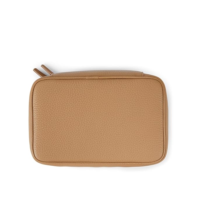 Leatherology Camel Small Train Case – Full-Grain Leather Travel Cosmetic Bag with Water-Resistant Lining, Zippered & Open Pockets, Compact Beauty Organizer