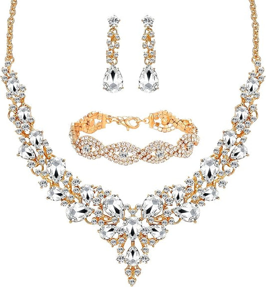 3/4 Pieces Women Jewelry Set Artificial Rhinestone Crystal Bride Statement Choker Necklace Tiara Crown Link Bangle Bracelet Teardrop Dangle Earrings Set