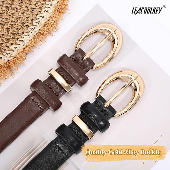 2 Pack Women Leather Belts for Jeans Dress Fashion Ladies Belt with Gold Silver Buckle