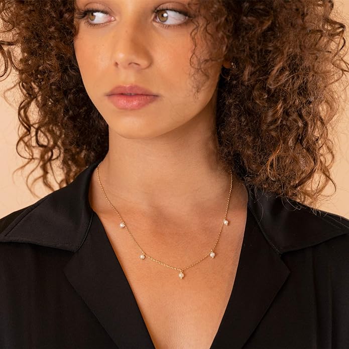 PAVOI 14K Gold Plated Station Necklace - Simulated Diamond Layering Necklaces - Womens CZ Chain
