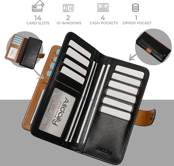 RFID Blocking Leather Wallet for Women, Slim Trifold with 14 Card Slots and Zipper Pocket (Brown&Black)