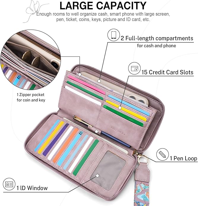 RFID Wallet Women, Large Capacity Butterfly Cell Phone Clutch Purses Ladies Wristlet Wallets for Women