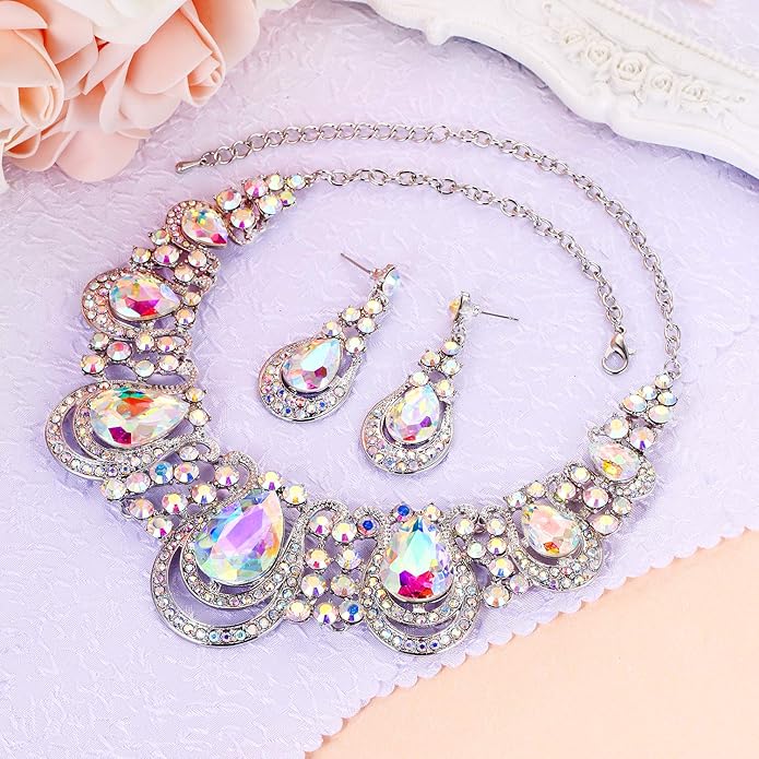 BriLove Women's Costume Fashion Crystal Teardrop Hollow Scroll Statement Necklace Dangle Earrings Set