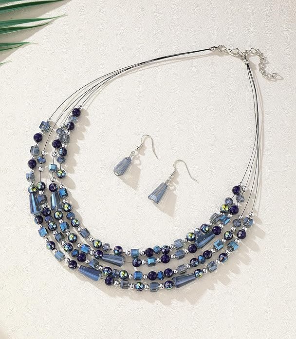 Layered Beaded Statement Necklace Multi Strand Crystal Beads Collar Necklace and Earring Sets for Women Fashion Costume Jewelry Set Gifts for Her