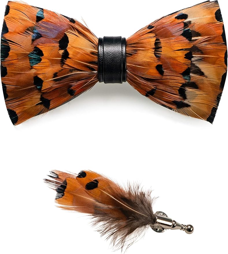 RBOCOTT Handmade Feather Pre-tied Bow tie and Brooch Sets for Men