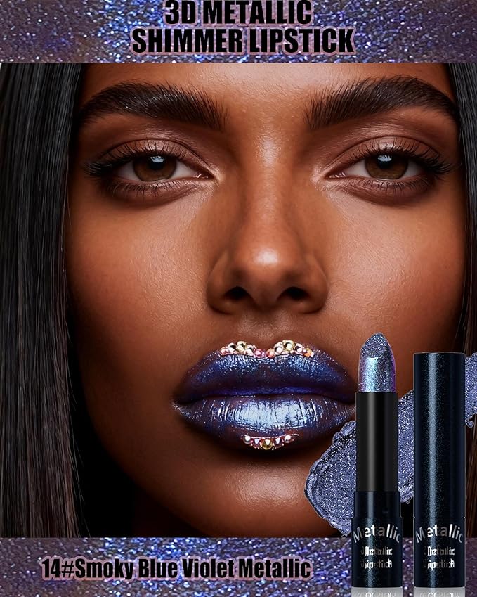 Glitter Metallic Blue Lipstick Shimmer Lip Stick Long Lasting,Diamond Cream Shimmer Nude Tinted Lip Gloss High Pigmented,Metallic Matte Red Lipcolor Stain Women Christmas Non Stick Lips Makeup-14