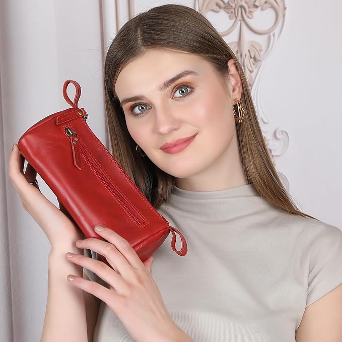 Red Leather Cosmetic Bags For Women - Leather Makeup Bag for Purse, Small Cosmetic Pouch for Travel, Handmade Make Up Case for Purses, Cute Make up Essential Small Makeup Pouch for Daily Use