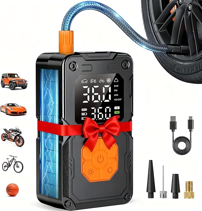 Tire Inflator Portable Air Compressor, 150PSI Cordless Air Pump for Car Tires, Bike Tire Pump with LED Light & Pressure Gauge, Portable Tire Inflator For Car Motorcycle Balls Bike Pump