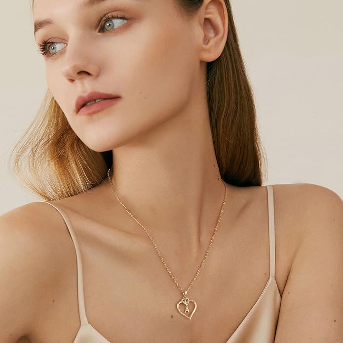 STORUP Gifts for Women Teen Girls - Heart Initial Necklaces for Women Girls, 14K-Gold-Plated Cubic Zirconia Initial A-Z Pendant Dainty Heart Necklaces for Teen Girl Jewelry Birthday Gifts