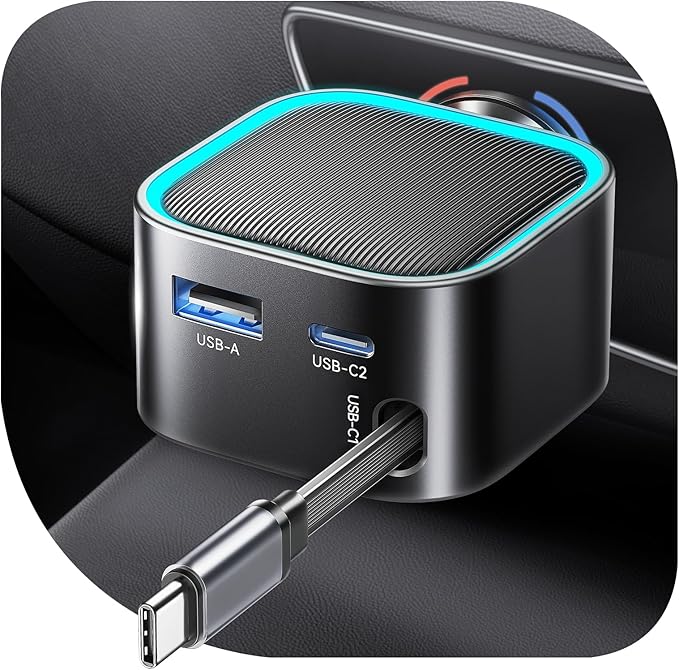 Retractable Car Charger USB-C,Rocoren 57W 3-in-1 Type C Fast Car Charging [Ultra-Compact Mini] with Cord Cigarette Lighter Adapter Car Accessories for iPhone17/16/15,S25 Android,Gifts for Women Men