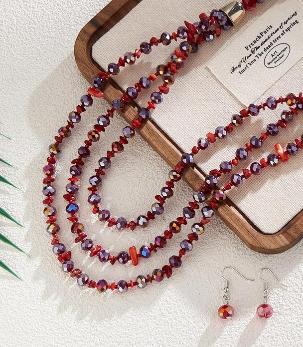 Layered Beaded Statement Necklace Multi Strand Crystal Beads Collar Necklace and Earring Sets for Women Fashion Costume Jewelry Set Gifts for Her