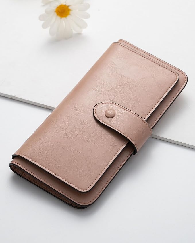 RFID Blocking Leather Wallet for Women, Slim Trifold with 14 Card Slots and Zipper Pocket (Dark Pink)