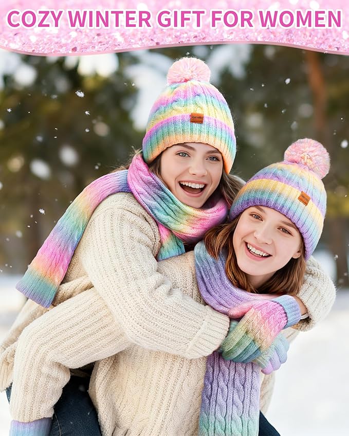 Remifa Winter Hat Scarf Gloves Set for Women Teen Girls, 3 PCS Pom Beanie Skull Cap Knit Scarf Gloves Mittens Valentines Gift
